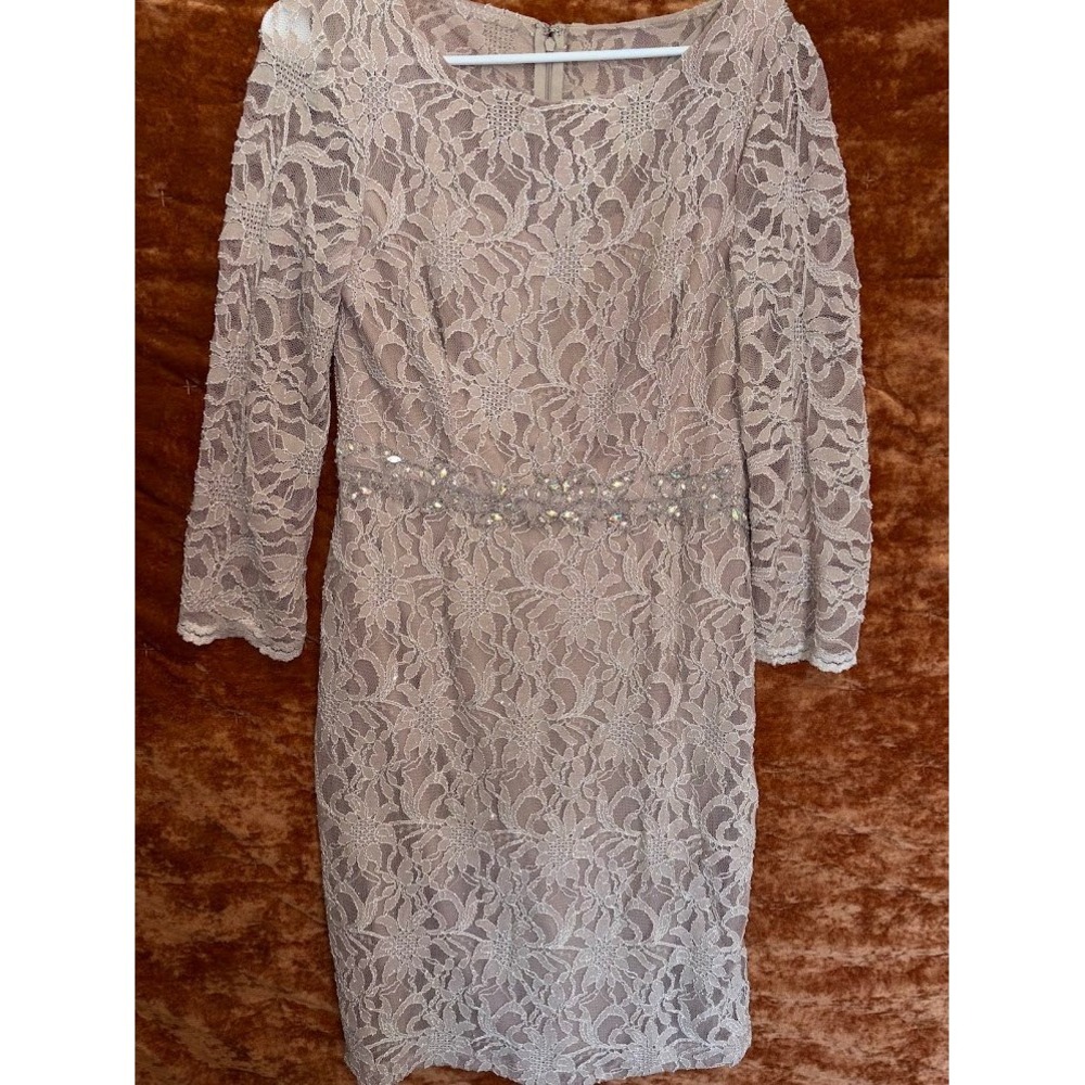Jackie Jon New York Womens Lace Sheath Dress Tan Metallic Rhinestone Waist Sz8